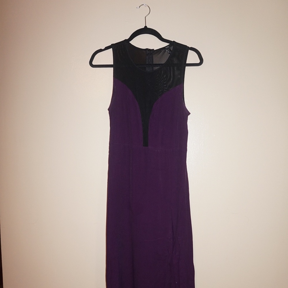 Purple mesh front slit long dress